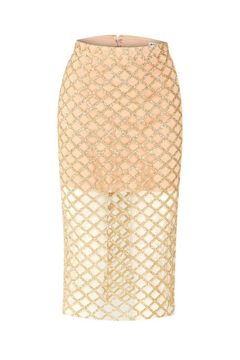 Gold Nude Tulle Midi Skirt