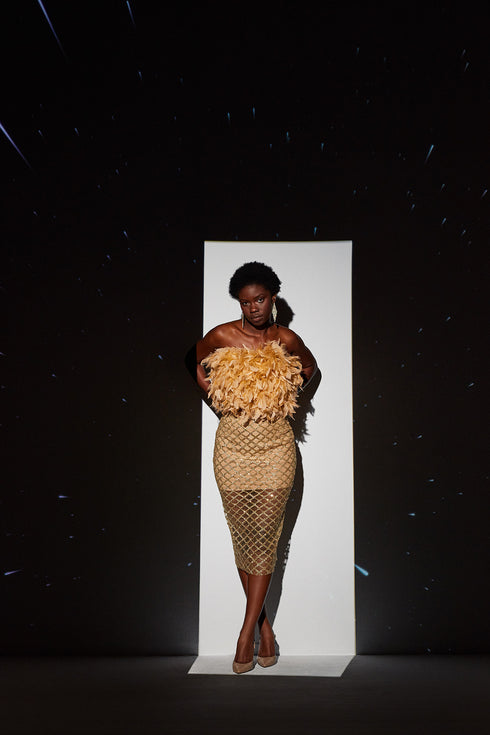 Gold Nude Tulle Midi Skirt