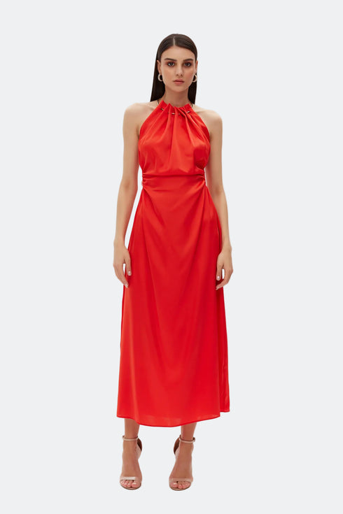Safety Orange Chain Detailed Satin Dress