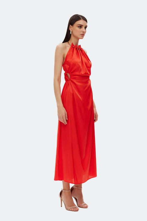 Safety Orange Chain Detailed Satin Dress
