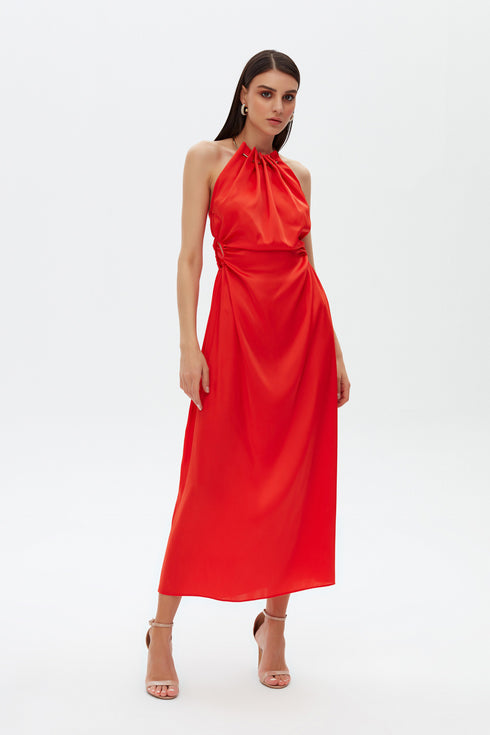 Safety Orange Chain Detailed Satin Dress