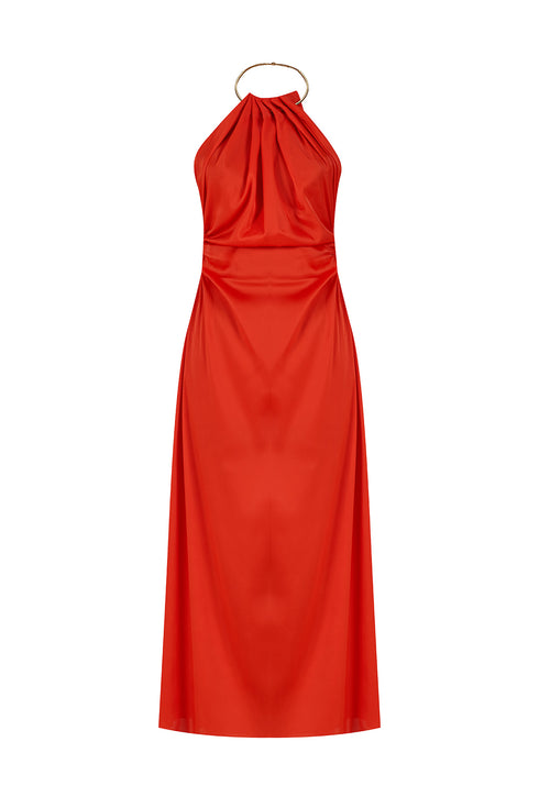 Safety Orange Chain Detailed Satin Dress