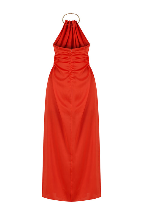 Safety Orange Chain Detailed Satin Dress