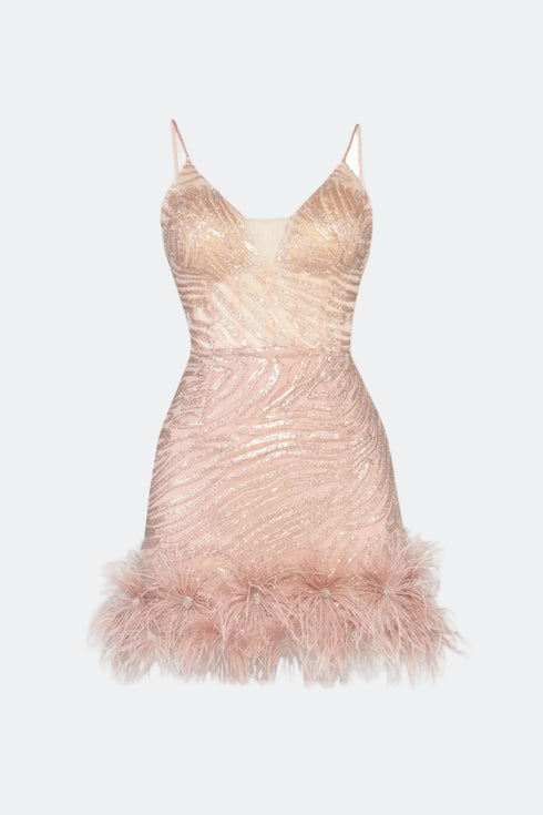 Strappy V Neck Mini Dress With Fur Detail